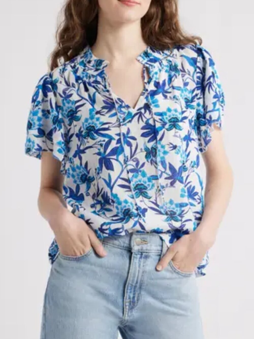 Caslon Blue Floral Ruffle Tie Neck Top – Size Large – NWOT